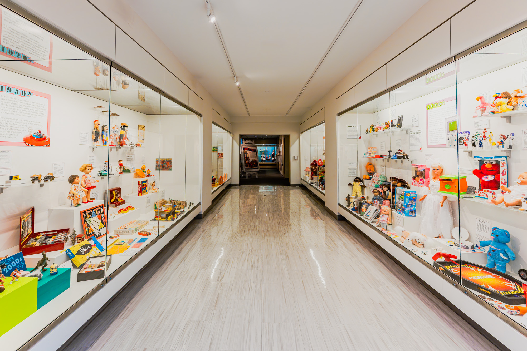a wide shot of the timeline of toys exhibition hallway
