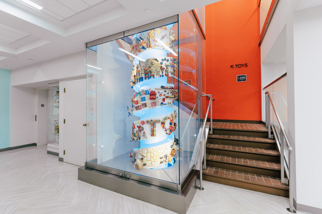 a wide vide of the toys art piece in the Museum's entry hall