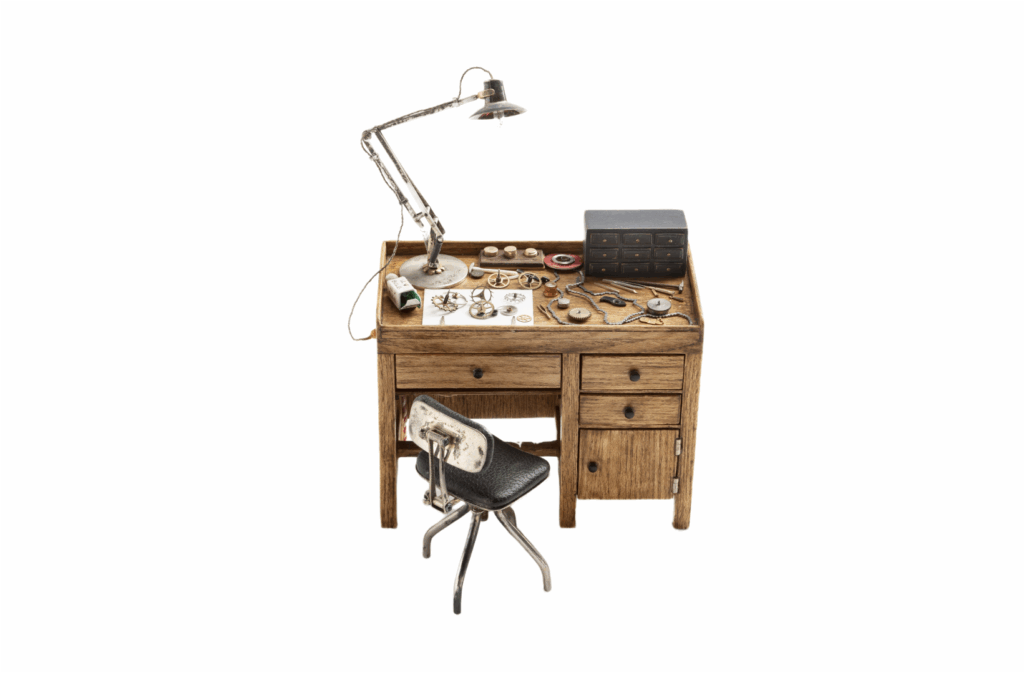 a miniature desk covered in gears and watch parts