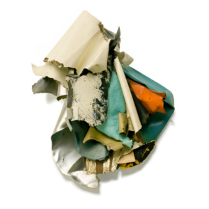 Metal abstract artwork in teal and orange color.