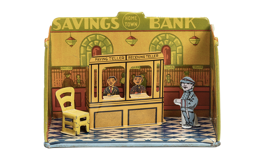 Lithographed tin room, yellow, green and brown walls, blue and white floor. Two tellers, one guard, desk and chair.