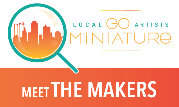 Logo for "Local Artists Go Miniature" exhibition of magnifying glass with Kansas City skyline inside.