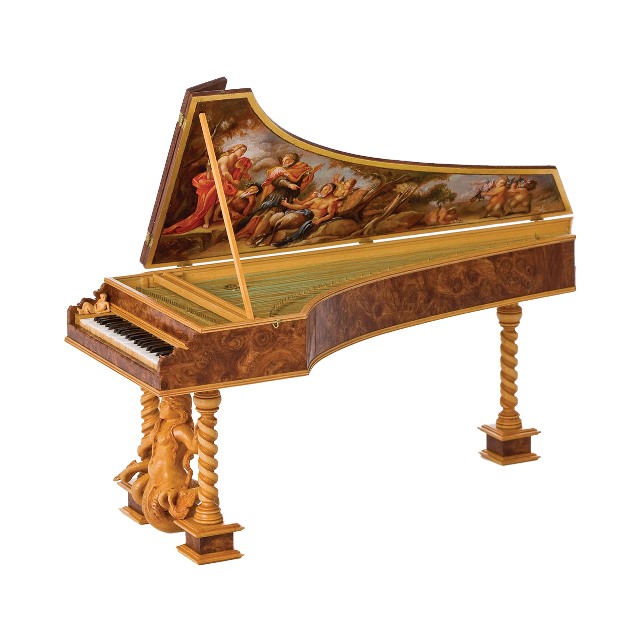 Fine-scale miniature harpsichord with a painting underneath the lid.