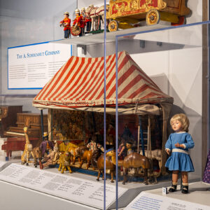 A case full of Schoenhut circus toys.