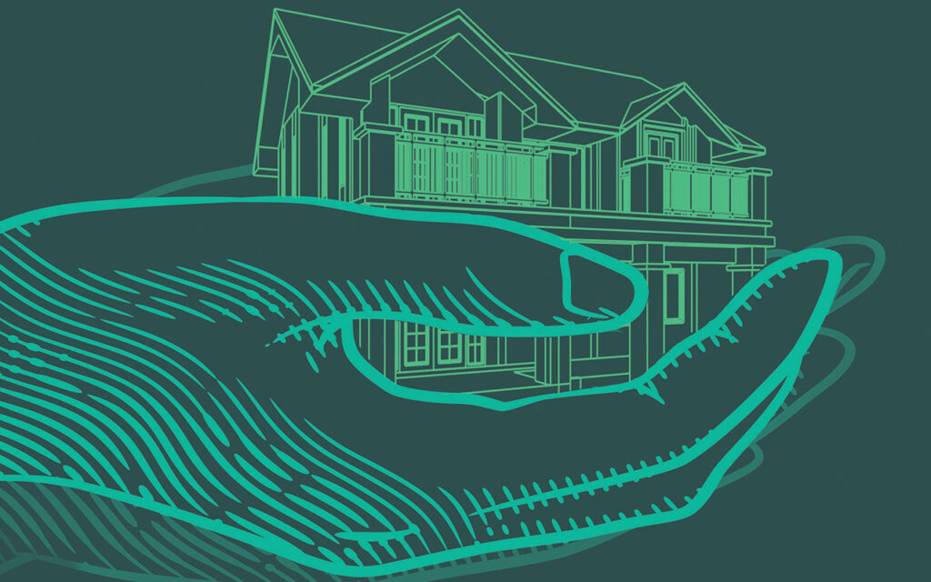 Green image of an illustrated hand holding a miniature house.