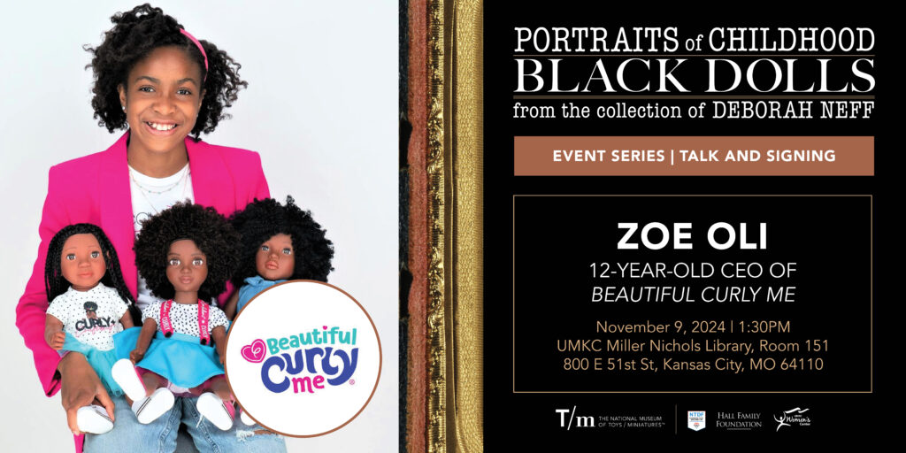 Photo of Zoe Oli, 12-year-old CEO of Beautiful Curly Me, surrounded by her Black dolls.