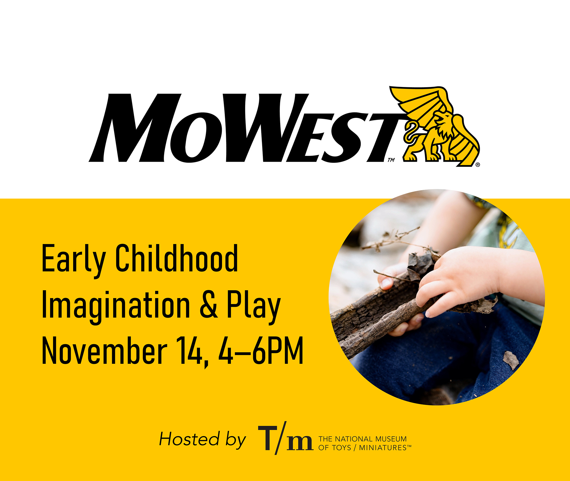 MoWest logo and a child playing with leaves and a stick.