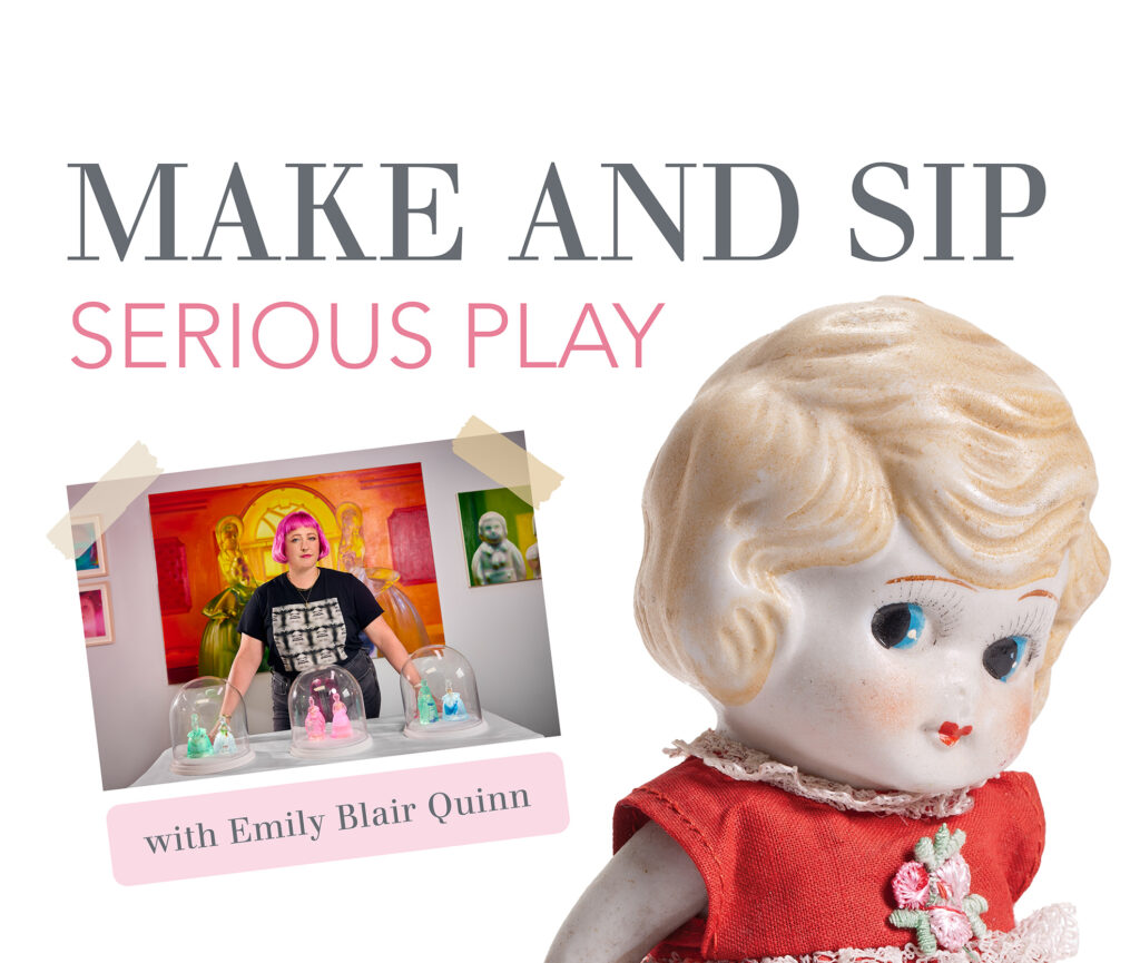 Photo of Emily Blair Quinn next to bisque head doll.