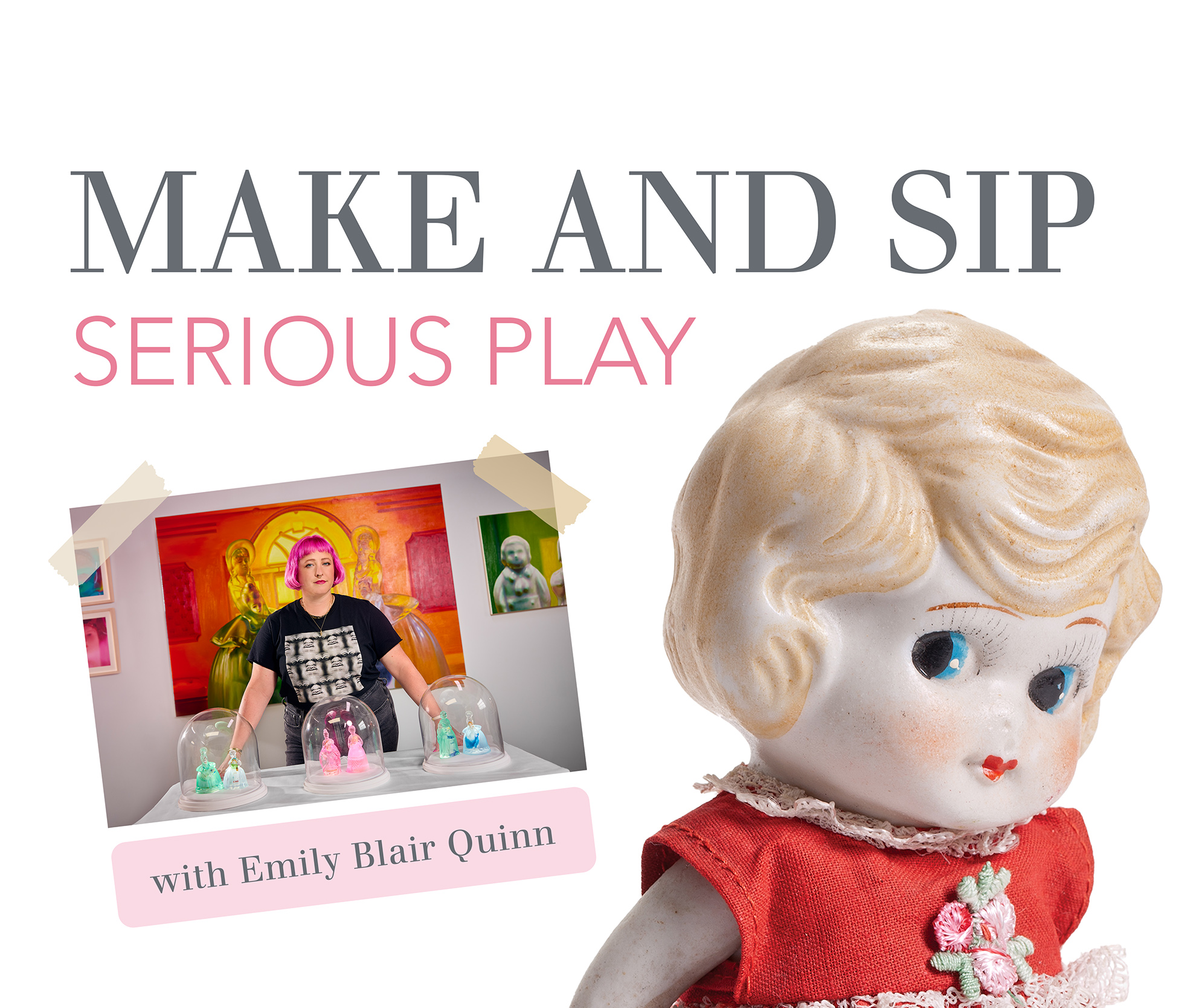 Photo of Emily Blair Quinn next to bisque head doll.