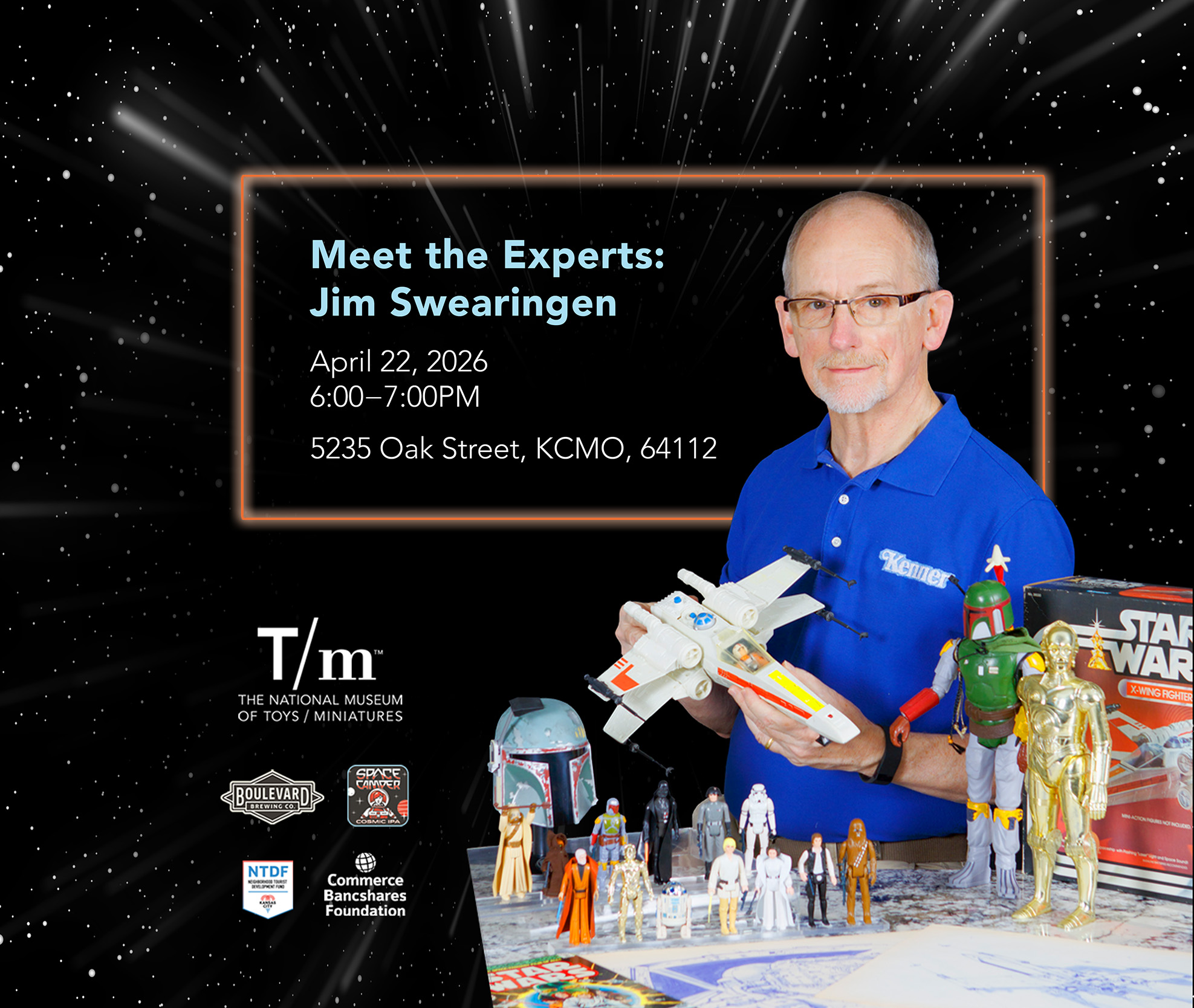 Jim Swearingen holding Star Wars toys.