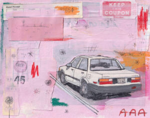 A pink collage featuring an older vehicle.