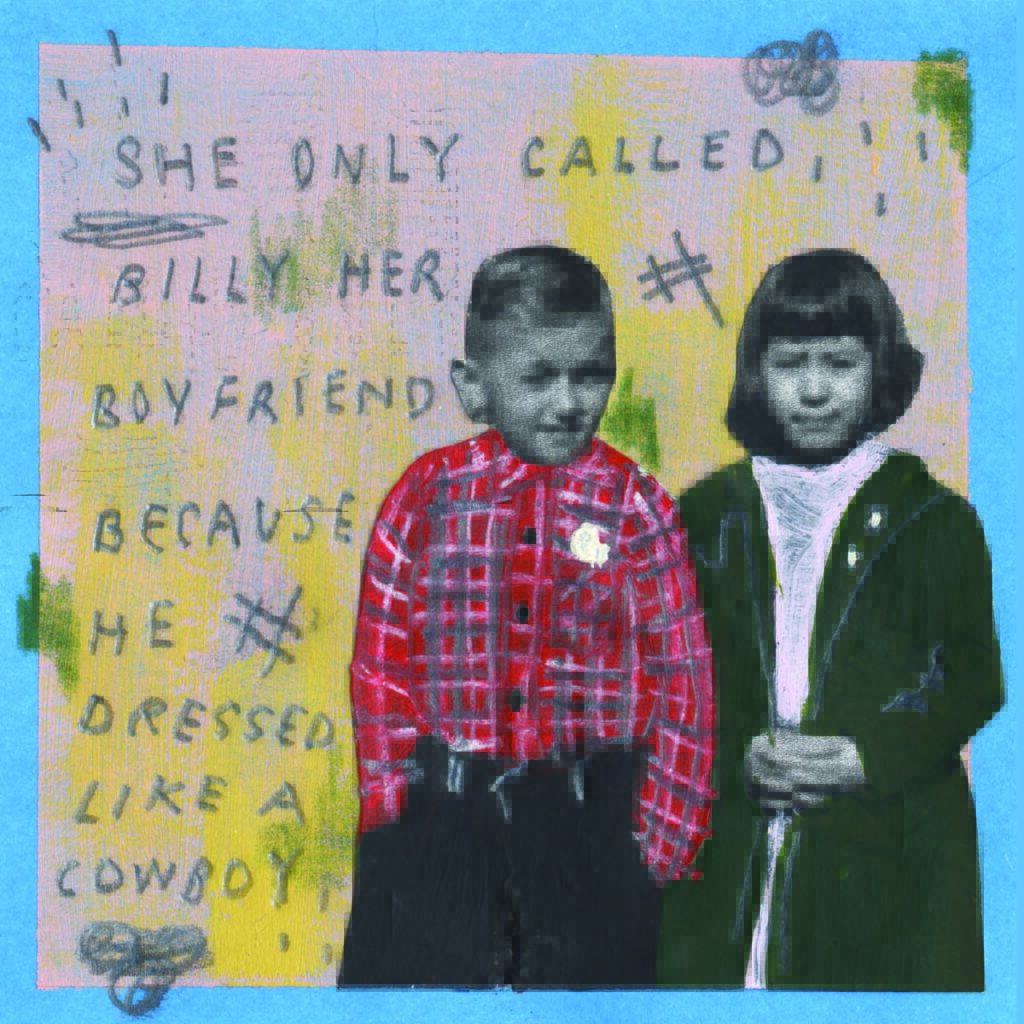 A collage of a young girl and boy that reads "she only called Billy her boyfriend because he dressed like a cowboy."