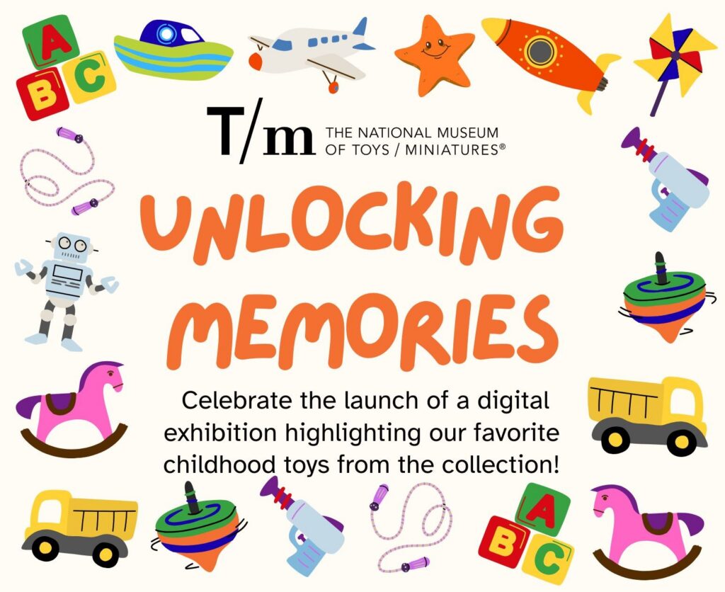 "Unlocking Memories" surrounded by childhood toys.