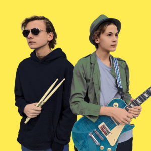 Two musicians holding instruments on a yellow background.
