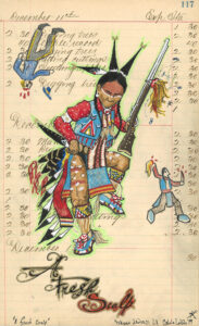 A drawing of a Native person on old ledger paper.