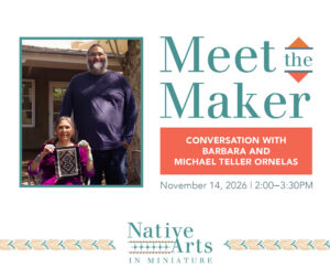 Barbara and Michael Teller Ornelas holding a two grey hills tapestry.